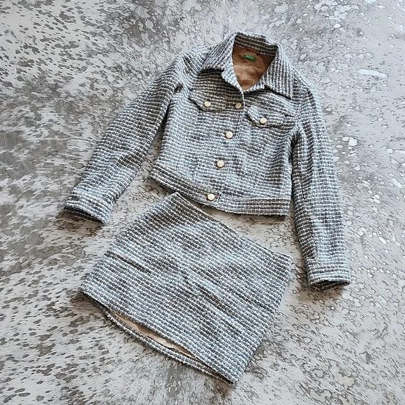 United Colors Of Benetton Tweed Skirt  Blazer Suit Sz42 Vintage