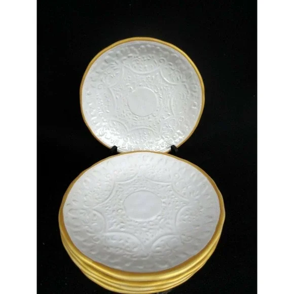 Pottery Barn Soulful Set of 5 Salad/Dessert Plates White Embossed Floral Gold Ri