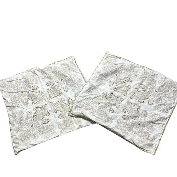 Pottery barn set of (2) decorative embroidered square linen blend pillow shams