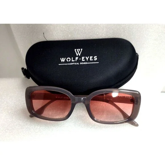Men's Wolf Eyes Gray Rectangle Sunglasses Pink Gradient Lens & Case  53-22-150