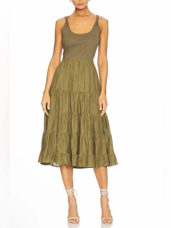 PAIGE Samosa Dress Olive Midi Tiered Mixed Media Size 6 NWT