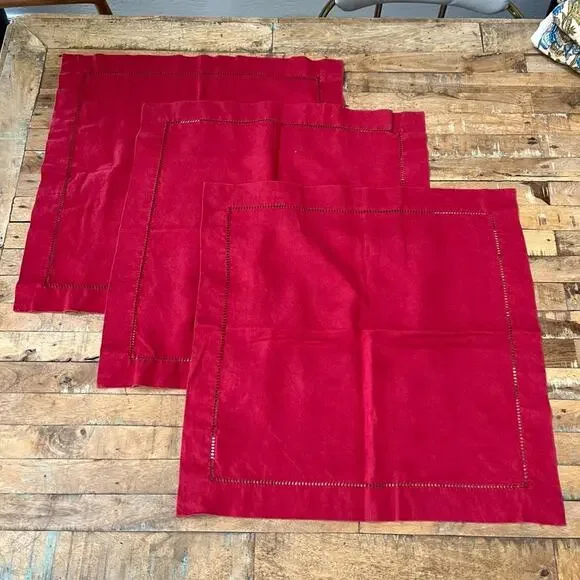 Pottery Barn Hemstitch Linen Square Dinner Napkins Set of 3 Red 22