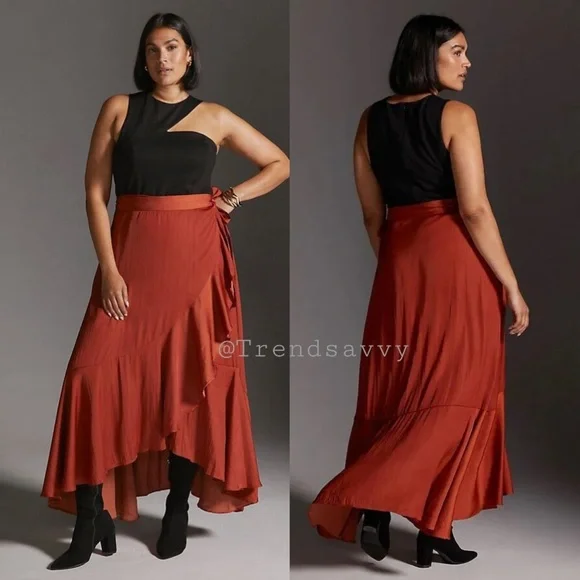 Anthropologie Maeve Ruffled Wrap Maxi Skirt Dark Orange Size 1X NWT