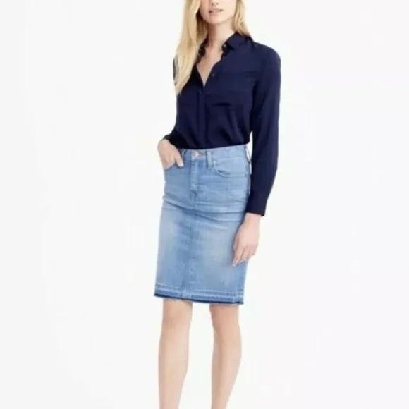 J Crew Frayed Raw Hem Denim Pencil Skirt Size 28