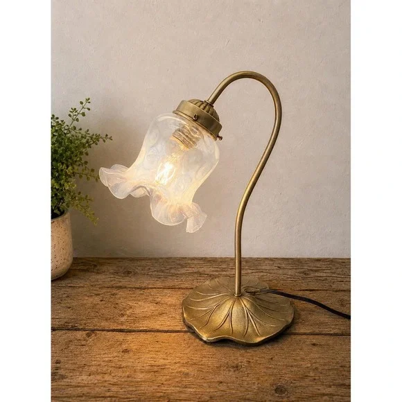 Art Nouveau Brass Style Gooseneck Lily Pad Desk Lamp W/ Fenton Opalescent Shade