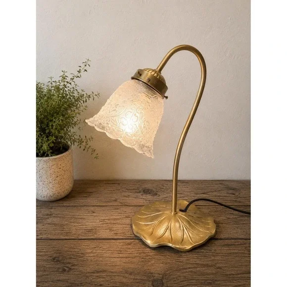 VTG Art Nouveau Brass Style Gooseneck Lily Pad Desk Lamp Ornate Frosted Shade