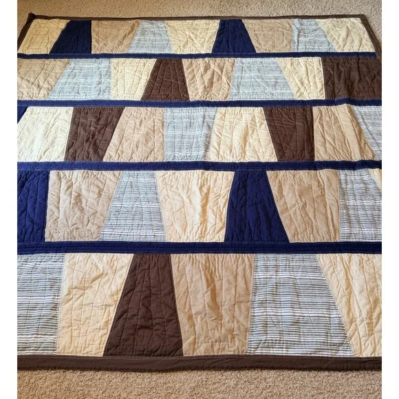 Pottery Barn Kids Jackson Pieced  Quilt Full Sz Vintage 2008 Boy Blue Tan Brown