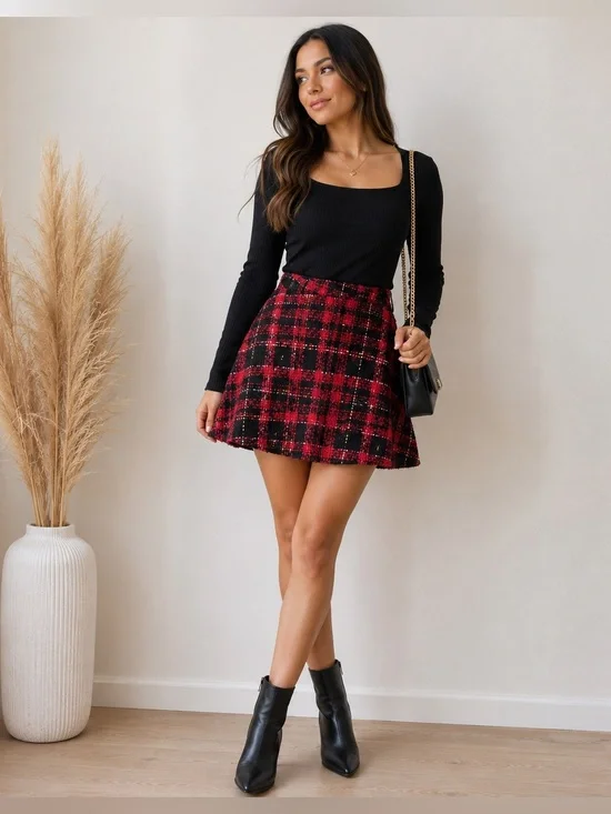 Anthropologie English Factory Red Black Plaid Tweed Mini Skater Skirt Preppy