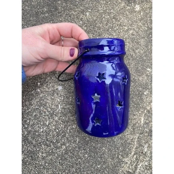 Cobalt Blue Ceramic Mason Jar‎ Lantern Star Cutouts Hanging Candle Holder