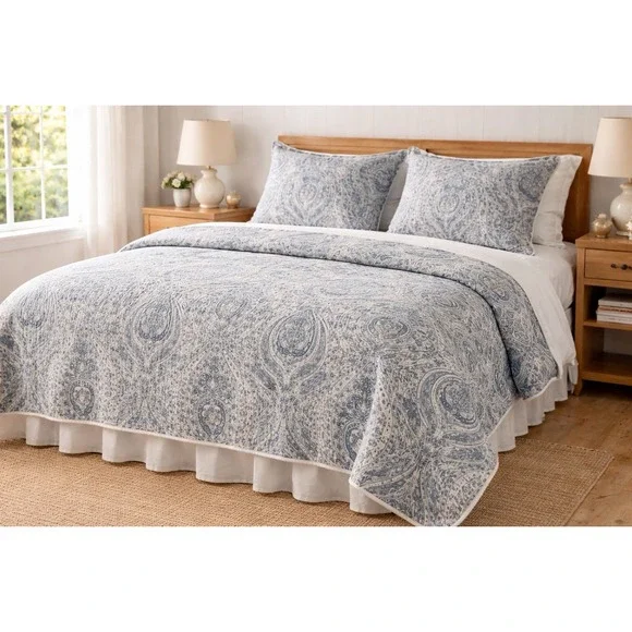 Pottery Barn Quilted‎ Blue Full/Queen Coverlet Blanket Standard Sham Set