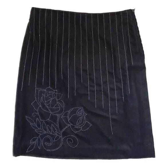 Ann Taylor Loft Black Velour Beaded Floral Skirt Sz 10