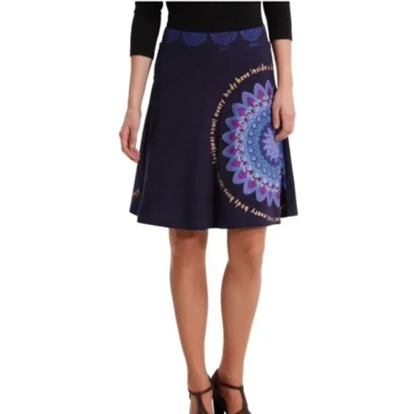 Desigual women L a-line skirt embroidery embellished artsy boho hippie festival,