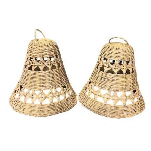 Handwoven Rattan Pendant Light Shades Set of 2 Bohemian Coastal