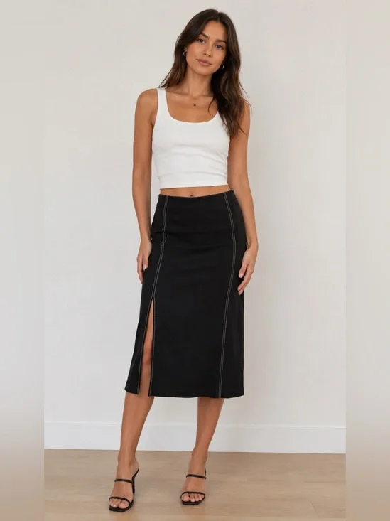 NIC+ZOE Black Midi Skirt with White Contrast Stitching with Slit SZ M