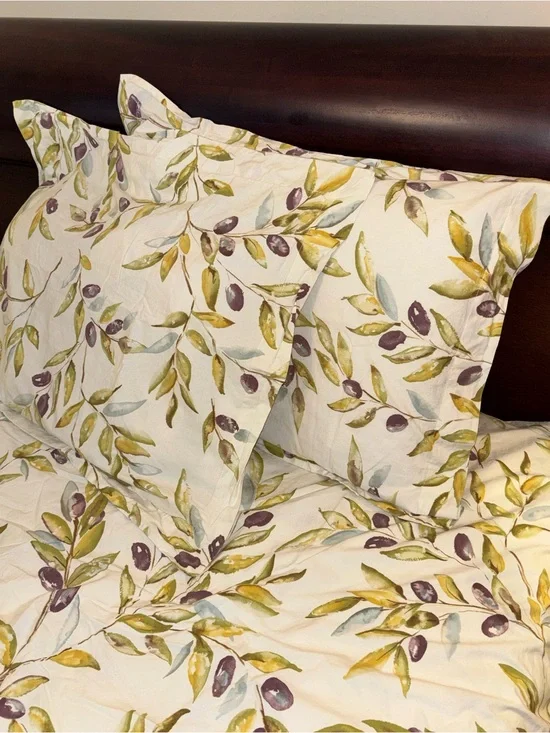 POTTERY BARN ORGANIC COTTON KING DUVET + 2  PILLOW SHAMS  OLIVE BRANCH PRINT