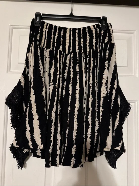 Mud Pie Black White Striped Boho Smocked Skirt Tassel Trim S/M Handkerchief