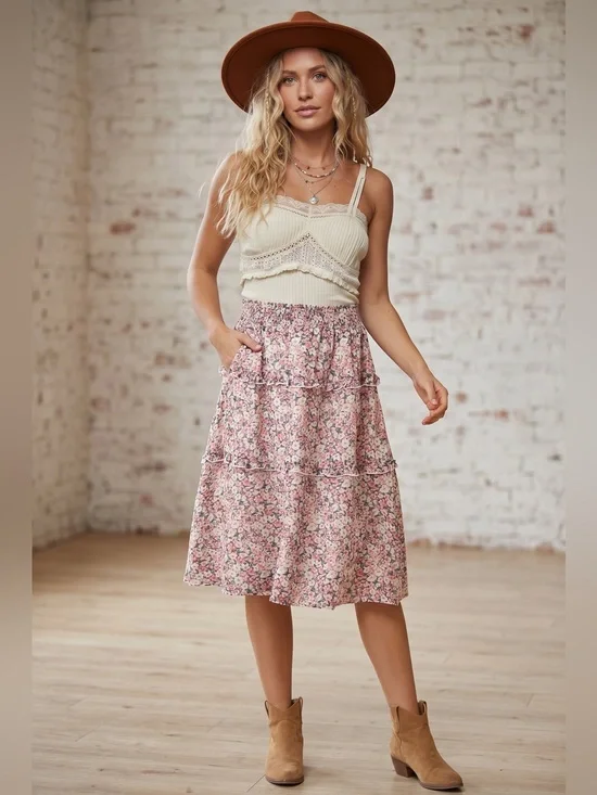 Allegra K Floral Chiffon Skirt XS - Smocked Waist & Tiered