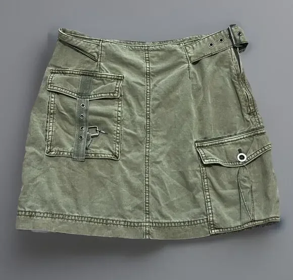 Free People Erika Utility Cargo Mini Skirt Buckle Canteen Green Boho Grunge Sz 2