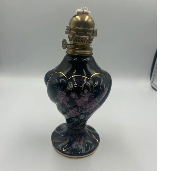 Armaga Japan Vintage Ceramic Oil Lamp Floral Gold Gilt Black Blue 527 96 32