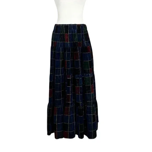 Vintage Velvet Burnout Patchwork Holiday Flowy Tiered Ruffled Maxi Skirt (S/M)
