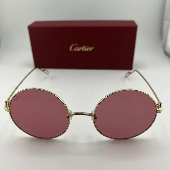 Cartier Sunglasses Unisex 56-21 Gold Pink Round Rim Metal Made In France
