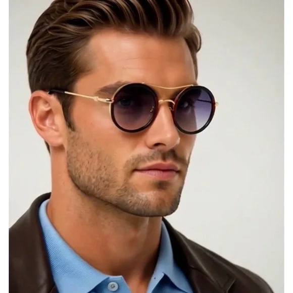 Mens Round Double Bridge Sunglasses Gold Black Red Green Gradient Lenses Lentes
