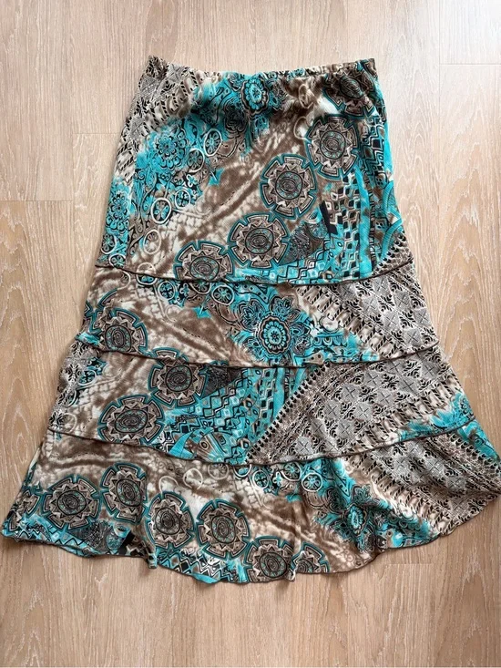 Vintage Dress Barn Teal and Brown Tiered Maxi Skirt