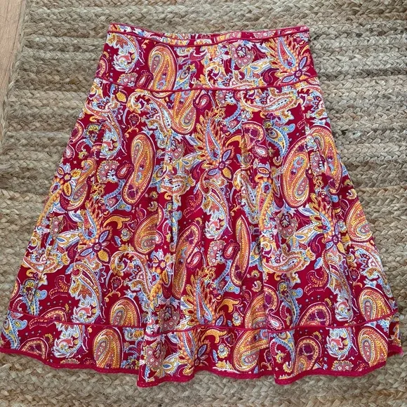 Pappagallo Size 12 Red Pleated Paisley Cotton Skirt
