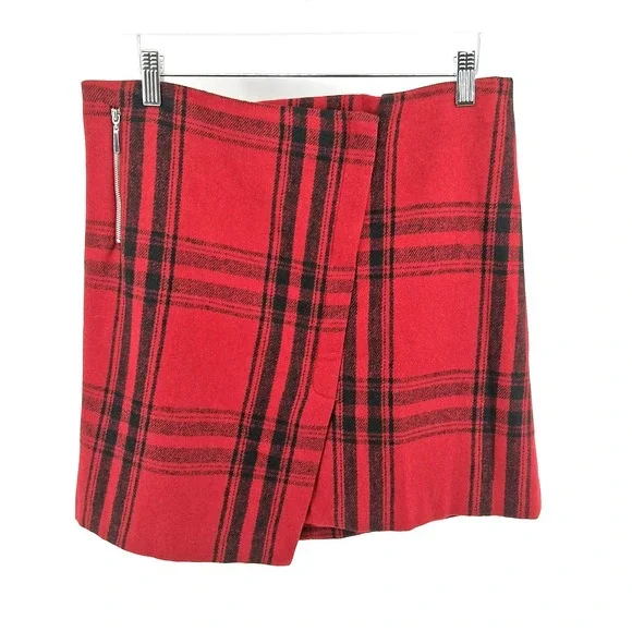 British Khaki Red Plaid Short Skirt Womens Sz 8 Faux Wrap‎ Dark Academia Twee