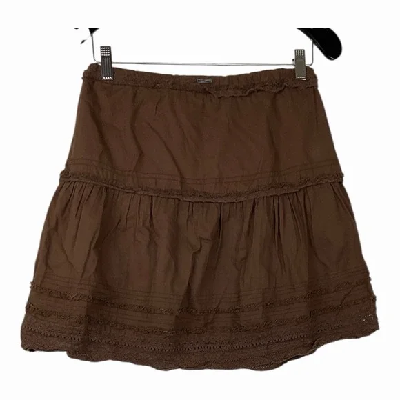 Womens Boho Tiered Mini Skirt Flowy Prairie Western Eyelet Trim Y2K Earth tone