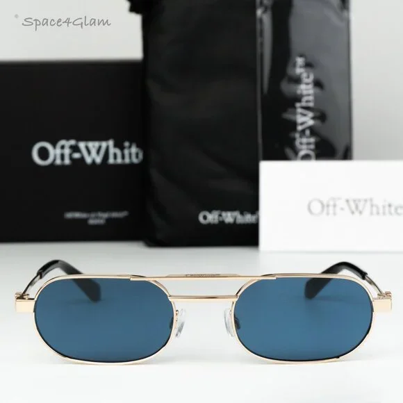 Off-White Men Sunglasses Gold Blue Oval OERI123 VAIDEN 7645 NEW AUTHENTIC