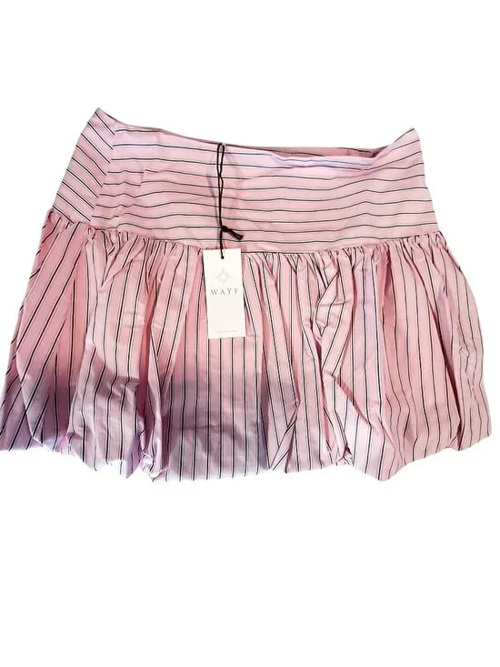 WAYF Pink & White Striped Mini Skirt Size L Elastic Waistband  Ruffled hemline