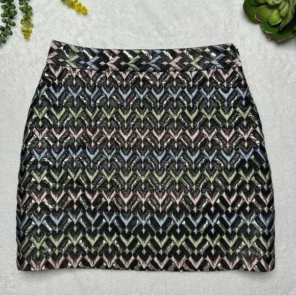 Milly Metallic Chevron Textured Modern Mini Skirt in Black Pink Green Womens 6
