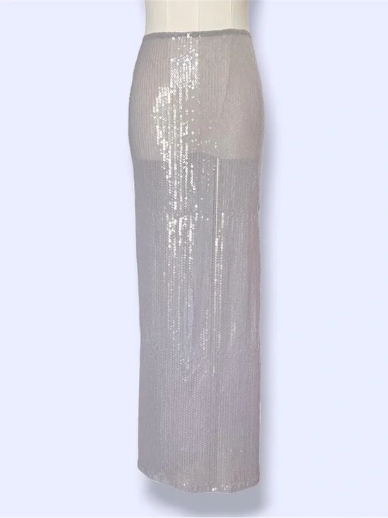EDIKTED Riki Sheer Sequin Maxi Skirt in silver
