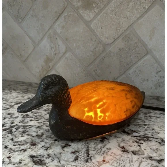 Vtg Duck Mallard Night Light Accent Table Lamp Cast Iron & Amber Glass Ambiance