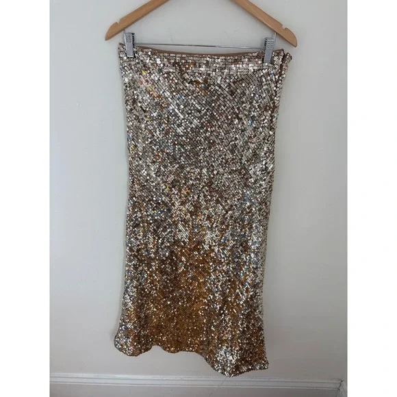 ASOS DESIGN Gold Silver Sequin maxi Skirt‎ High Waisted Metallic Party US 8