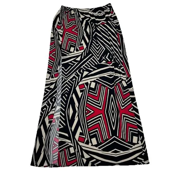 Boston Proper Maxi Skirt Small Black Red African Geometric Long Slit USA Vtg?