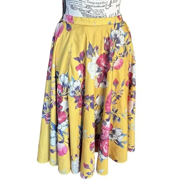 Myrtlewood of California Size M Yellow Floral A-Line Skirt Pockets Retro