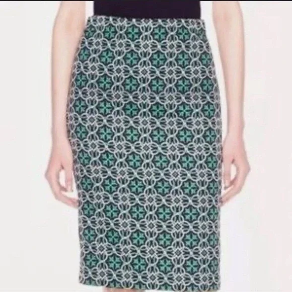 J. Crew Black‎ Label Navy & Green Lattice Medallion Print Pencil Skirt size 6