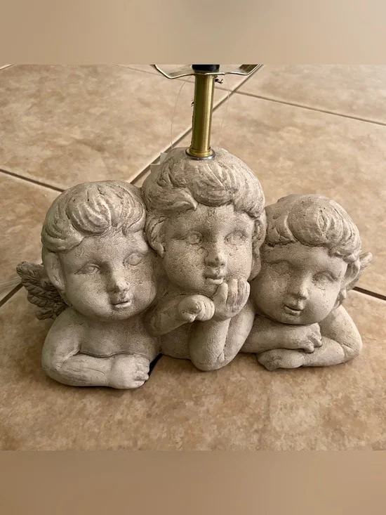 Karma Home Grey Three Cherub Lamp Base Cement Angels Bust Figures Baroque Decor