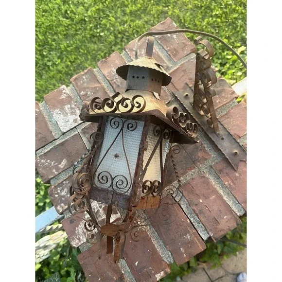 Vintage Spanish Revival Wrought Iron Outdoor Lantern Wall Bracket Scroll Glass