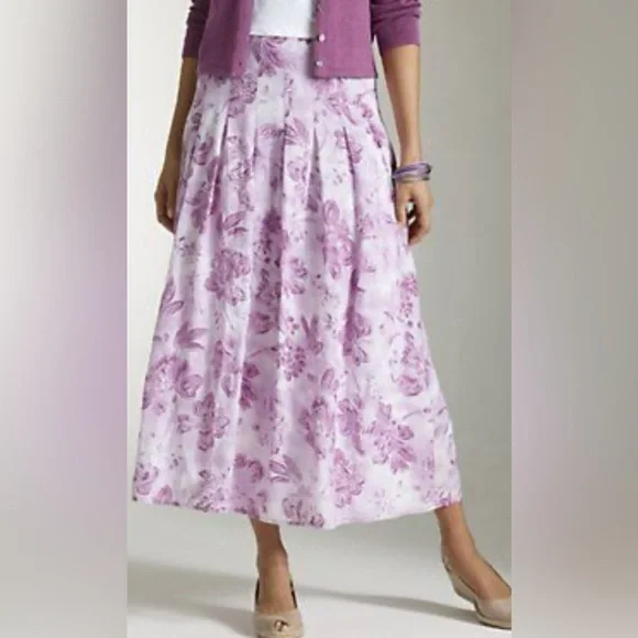 J Jill|Feminine FLORAL Linen/Cotton White & Lavendar midi skirt, flowy•••size 16
