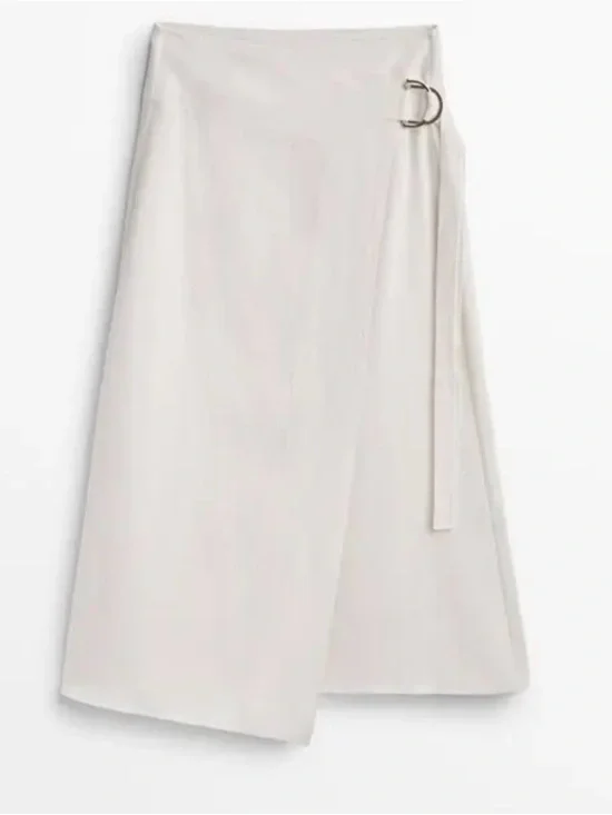 Massimo Dutti Cream Wrap Midi Skirt with Side Ring Detail size XL