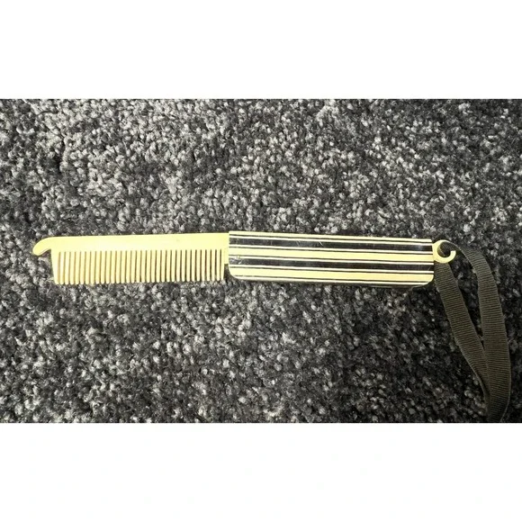 Vintage Folding Pocket Comb‎ Black & Beige Striped Travel Hair Grooming