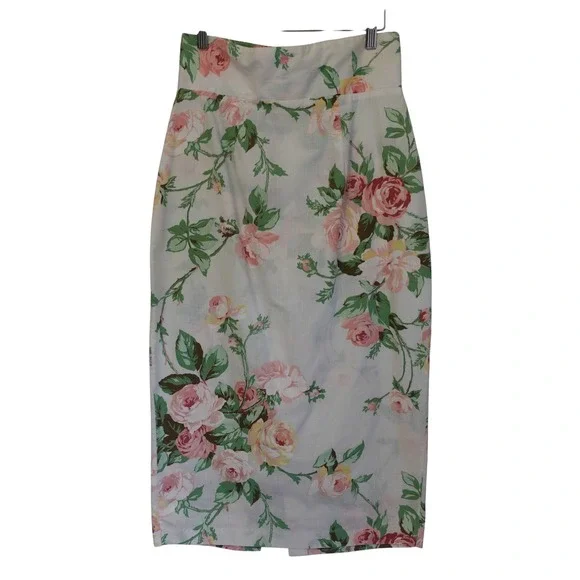 Vtg 90s Rose Print Midi Skirt Women 13 White Floral High Rise Pencil Shabby Chic