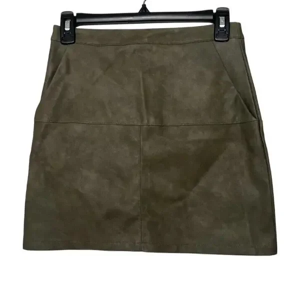 Shinestar Mini Skirt, Women's S OliveGreen Faux Leather Pockets 55%Viscose Lined
