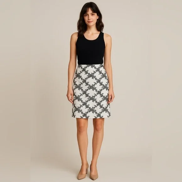 Ann Taylor Skirt 12 NWOT Wool Silk Embroidered Floral Lace Midi White Black