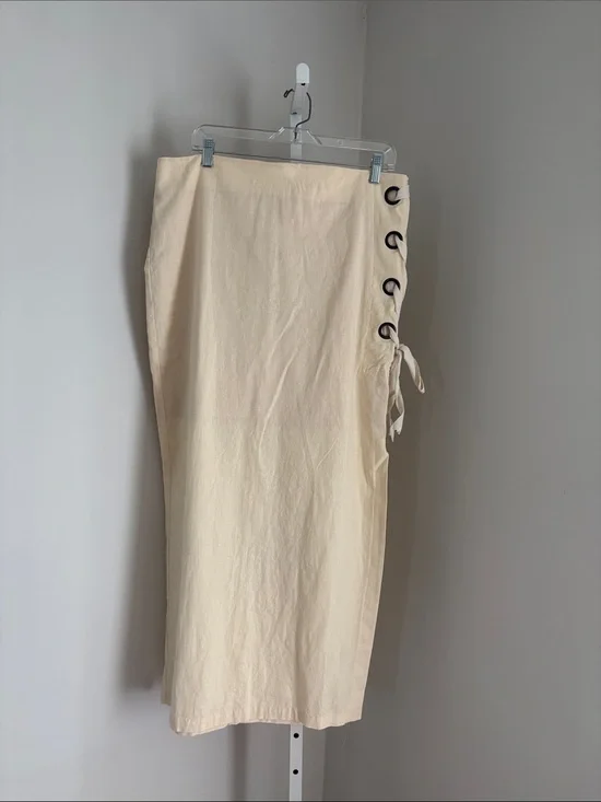 VENUS Cream Linen Blend Midi Skirt with Side Grommet Tie Side Slit Women’s Sz 14