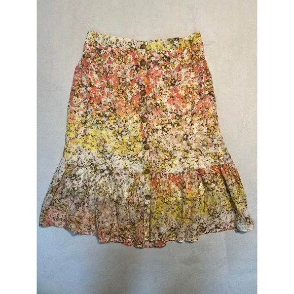 Mlle Gabrielle Yellow Floral Button Front Ruffle Hem Mini Skirt XL Boho Lined