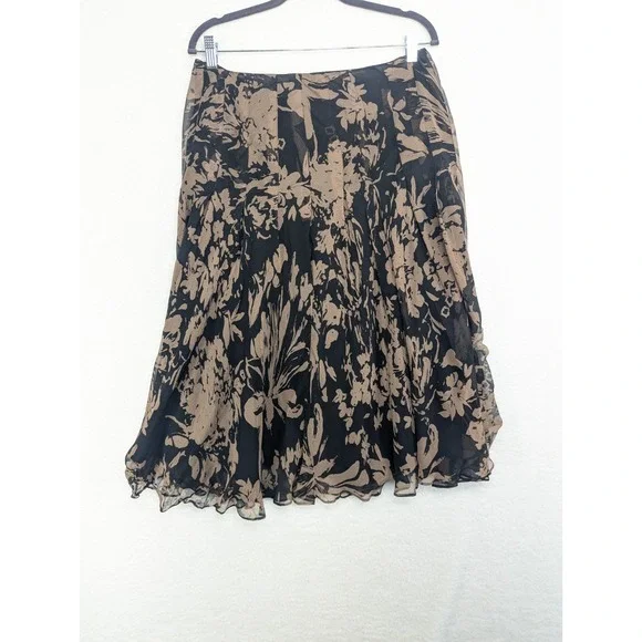 Women's Black And Brown 100%‎ Linen Floral Midi Skirt 10